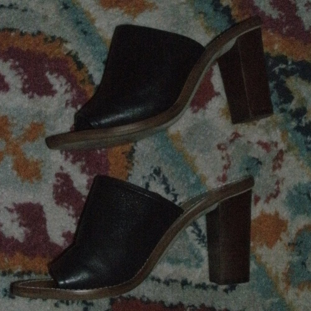 J Crew Marlow Mules Sandal Heels slip on Shoes Black Leather Open Toe size 7